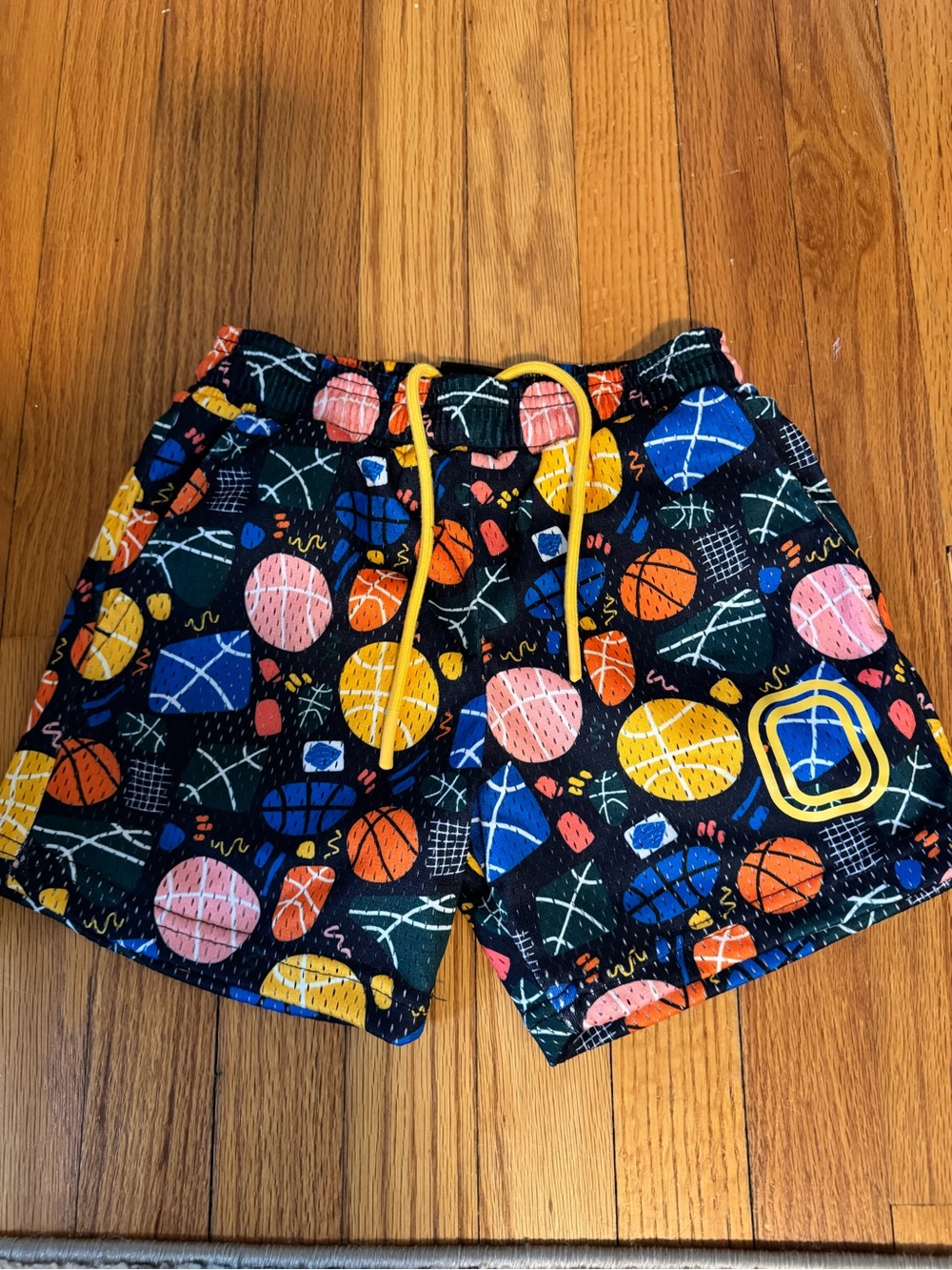 Kids Black Shorts with Colorful Basketball Print and Yellow Drawstring